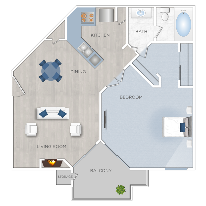 Floor plan for 1 bed, 1 bath, 754 sqft